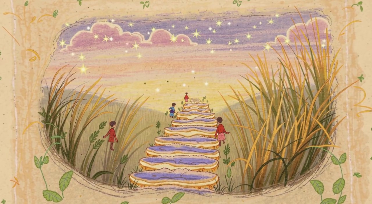 Un chemin de pierres lumineuses qui monte à travers une prairie de nuit vers une aube naissante